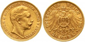 Reichsgoldmünzen Preußen Wilhelm II., 1888-1918
20 Mark 1905 J. Hamburg. vorzüglich, winz. Randfehler