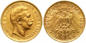 Reichsgoldmünzen Preußen Wilhelm II., 1888-1918
20 Mark 1909 A. prägefrisch/fast Stempelglanz, min. Randfehler