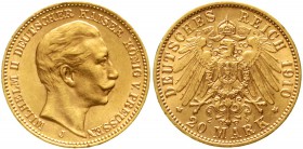 Reichsgoldmünzen Preußen Wilhelm II., 1888-1918
20 Mark 1910 J. Hamburg. vorzüglich/Stempelglanz