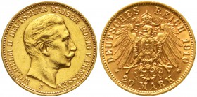 Reichsgoldmünzen Preußen Wilhelm II., 1888-1918
20 Mark 1910 J. Hamburg. fast vorzüglich, Vs. etwas berieben