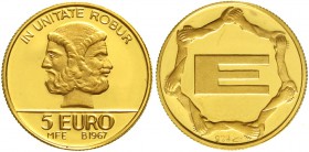 Goldmünzen der Bundesrepublik Deutschland Euro Euro-Vorläufer
5 Euro o.J. (verm. 1997). IN UNITATE ROBUR, darunter Kopf mit 2 Gesichtern, im Abschnit...