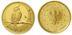 Goldmünzen der Bundesrepublik Deutschland Euro Gedenkmünzen, ab 2002
20 Euro 2016 A. Heimische Vögel - Nachtigall. In BADV-Schuber mit Klar-Kunststof...