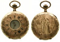 Uhren aus Gold Taschenuhren
Damen-Halbsavonette Gelbgold 585 um 1900. Herstellerzeichen Blatt (oder Tennisschläger?). Zylinderhemmung 10 Steine. 20,1...