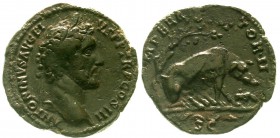 Römische Münzen Kaiserzeit Antoninus Pius, 138-161
As 142/144. Belorb. Brb. r./Sau unter Baum säugt 4 Ferkel.
sehr schön