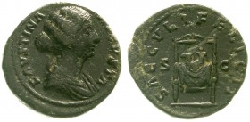 Römische Münzen Kaiserzeit Faustina junior, Gattin des M. Aurelius, gest. 175
As 161/175. FAVSTINA AVGVSTA. Drap. Brb. mit Haardutt und Diadem r./SAE...