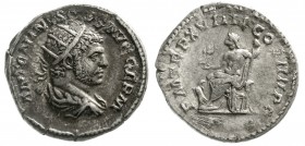 Römische Münzen Kaiserzeit Caracalla, 196-217
Antoninian TRP XVIIII = 216. Drap. Brb. mit Strahlenbinde r./PM TRP XVIIII COS IIII PP. Pluto sitzt l....