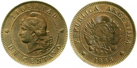 Ausländische Münzen und Medaillen Argentinien Republik, seit 1881
Centavo 1888. fast Stempelglanz, schöne Kupferpatina, selten in dieser Erhaltung