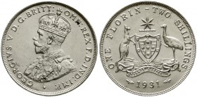 Ausländische Münzen und Medaillen Australien Georg V., 1910-1936
Florin 1931. prägefrisch/fast Stempelglanz, winz. Kratzer, selten in dieser Erhaltun...