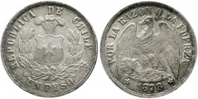 Ausländische Münzen und Medaillen Chile Republik, seit 1818
Peso 1878. vorzüglich/Stempelglanz, winz. Randfehler, schöne Tönung
