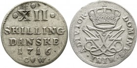Ausländische Münzen und Medaillen Dänemark Frederik IV., 1699-1730
12 Skilling 1716 CW Kopenhagen. sehr schön, etwas korrodiert