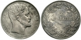 Ausländische Münzen und Medaillen Dänemark Frederik VII., 1848-1863
2 Rigsdaler 1854 FF. fast sehr schön, Patina