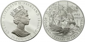 Ausländische Münzen und Medaillen Falkland Inseln Britisch
25 Pounds (5 Unzen Silber) 1992. H.M.S. Desire vor Inselkarte. 155.6 g, 65 mm. Auflage 256...