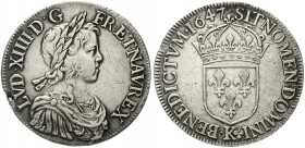Ausländische Münzen und Medaillen Frankreich Ludwig XIV., 1643-1715
1/4 Ecu a la meche longue 1647 K, Bordeaux. sehr schön/vorzüglich, Schrötlingsfeh...