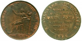 Ausländische Münzen und Medaillen Frankreich Ludwig XVI., 1774-1793
Revolution, deux Sols de Monneron a la Liberte, An IV 1792. Sitzende Liberte an S...