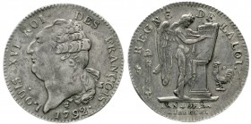 Ausländische Münzen und Medaillen Frankreich Ludwig XVI., 1774-1793
Ecu des six livres 1792 I, Limoges. sehr schön/vorzüglich, schöne Patina