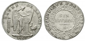 Ausländische Münzen und Medaillen Frankreich Erste Republik, 1793-1804
Ecu des 6 Livres 1793 A, Paris. An II. Sans point.
sehr schön, Randfehler
