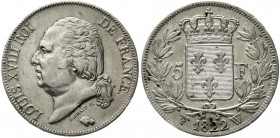 Ausländische Münzen und Medaillen Frankreich Ludwig XVIII., 1814, 1815-1824
5 Francs 1822 W, Lille vorzüglich, winz. Randfehler