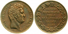 Ausländische Münzen und Medaillen Frankreich Louis Philippe I., 1830-1848
Essai 5 Francs Bronze 1845, v. Tiolier. Auf eine Inovation von Thonnelier f...