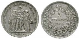 Ausländische Münzen und Medaillen Frankreich Zweite Republik, 1848-1852
5 Francs Herkulesgruppe 1849 A. gutes vorzüglich, kl. Kratzer, schöne Patina...
