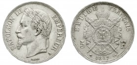 Ausländische Münzen und Medaillen Frankreich Napoleon III., 1852-1870
5 Francs 1867 A, Paris. vorzüglich/Stempelglanz