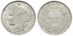 Ausländische Münzen und Medaillen Frankreich Dritte Republik, 1870-1940
5 Francs Marianne 1870 A. vorzüglich/Stempelglanz