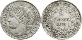 Ausländische Münzen und Medaillen Frankreich Dritte Republik, 1870-1940
2 Francs 1871 A, Paris. vorzüglich/Stempelglanz, kl. Randfehler