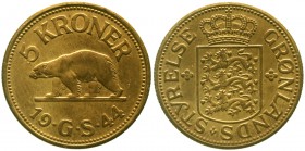 Ausländische Münzen und Medaillen Grönland 1924-1979
5 Kronen Messing 1944 GS. Eisbär.
vorzüglich/Stempelglanz