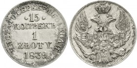 Ausländische Münzen und Medaillen Polen Nikolaus I. von Rußland, 1825-1855
15 Kopeken = 1 Zloty 1839. MW, Warschau.
gutes vorzüglich, min. berieben,...
