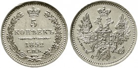 Ausländische Münzen und Medaillen Russland Nikolaus I., 1825-1855
5 Kopeken 1852. St. Petersburg. Erstabschlag, kl. Kratzer und Randfehler, selten in...
