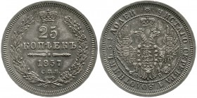 Ausländische Münzen und Medaillen Russland Alexander II., 1855-1881
25 Kopeken 1857, St. Petersburg Φb. vorzüglich/Stempelglanz, schöne Patina