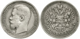 Ausländische Münzen und Medaillen Russland Nikolaus II., 1894-1917
50 Kopeken 1906 St. Petersburg. gutes sehr schön, winz. Randfehler, schöne Patina...