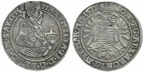 Römisch Deutsches Reich Haus Habsburg Maximilian II., 1564-1576
Guldentaler (60 Kreuzer) 1572, Kuttenberg. Hüftbild n.re. / Reichsadler. 24,45 g.
se...