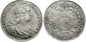 Römisch Deutsches Reich Haus Habsburg Karl VI., 1711-1740
Reichstaler 1740, Prag gutes vorzüglich, min. Zainende, winz. Schrötlingsfehler, selten