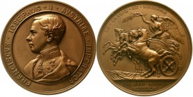 Römisch Deutsches Reich Haus Habsburg Franz Joseph I., 1848-1916
Bronzemedaille 1849 v. C. Lange. Schlacht bei Novara. Brb. in Uniform n.l. / Mit Qua...
