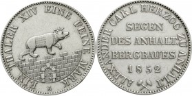 Altdeutsche Münzen und Medaillen Anhalt-Bernburg Alexander Carl, 1834-1863
Ausbeutetaler 1852 A. gutes sehr schön, berieben
