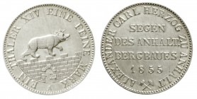 Altdeutsche Münzen und Medaillen Anhalt-Bernburg Alexander Carl, 1834-1863
Ausbeutetaler 1855 A. vorzüglich aus EA, berieben, kl. Randfehler