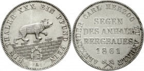 Altdeutsche Münzen und Medaillen Anhalt-Bernburg Alexander Carl, 1834-1863
Ausbeutetaler 1861 A. vorzüglich/Stempelglanz, kl. Schrötlingsfehler am Ra...