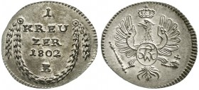 Altdeutsche Münzen und Medaillen Brandenburg-Ansbach-Bayreuth Friedrich Wilhelm III. von Preußen 1797-1840
Kreuzer 1802 B. fast Stempelglanz