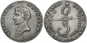 Altdeutsche Münzen und Medaillen Westfalen, Königreich Hieronymus Napoleon, 1807-1813
2/3 Taler 1809 C. sehr schön, kl. Randfehler, Prachtexemplar