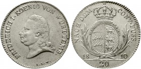 Altdeutsche Münzen und Medaillen Württemberg Friedrich I., 1806-1816
20 Kreuzer 1810 ILW. vorzüglich/Stempelglanz, min. justiert, selten in dieser Er...
