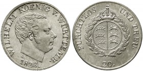 Altdeutsche Münzen und Medaillen Württemberg Wilhelm I., 1816-1864
20 Kreuzer 1823. Var. mit LW (kursiv) unter Kopf
vorzüglich/Stempelglanz, selten...