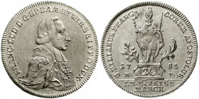 Altdeutsche Münzen und Medaillen Würzburg-Bistum Franz Ludwig von Erthal, 1779-1795
20 Konventionskreuzer 1785 im Stempel aus 1783 geändert.
vorzügl...