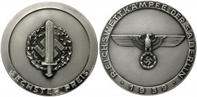 Medaillen Drittes Reich
Zinkmedaille, 6. Preis Reichswettkämpfe der SA Berlin. 95 mm, im Etui.
vorzüglich, min. korrodiert
