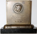 Medaillen Drittes Reich
Rechteckige Bronzeplakette, graviert 1934. Eingesetzt in Bronzeaufsteller auf Marmorsockel. Gravur "1. Preis 10 x 1 Rde Staff...