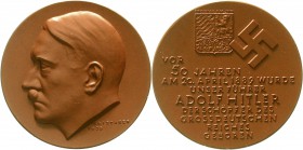 Medaillen Drittes Reich
Bronzemedaille 1939 v. Krischker. Hitler 50. Geburtstag. Etui, 36 mm.
prägefrisch