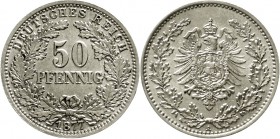 Reichskleinmünzen Kleinmünzen 50 Pfennig kl. Adler Eichenzweige Silber 1877-1878
1877 A. vorzüglich/Stempelglanz