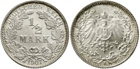 Reichskleinmünzen Kleinmünzen 1/2 Mark gr. Adler Eichenzweige, Silber 1905-1919
1907 F. Stempelglanz/Erstabschlag, Prachtexemplar