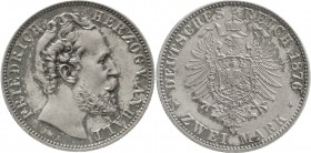 Reichssilbermünzen J. 19-178 Anhalt Friedrich I., 1871-1904
2 Mark 1876 A Polierte Platte, kl. Kratzer, schöne Patina, sehr selten in dieser Erhaltun...