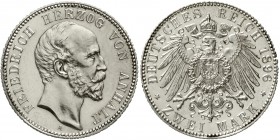 Reichssilbermünzen J. 19-178 Anhalt Friedrich I., 1871-1904
2 Mark 1896 A. Polierte Platte, leicht justiert und Randriffelung nachgefeilt