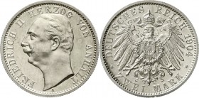 Reichssilbermünzen J. 19-178 Anhalt Friedrich II., 1904-1918
2 Mark 1904 A Auflage nur 150 Ex.
Polierte Platte, nur min. berührt
